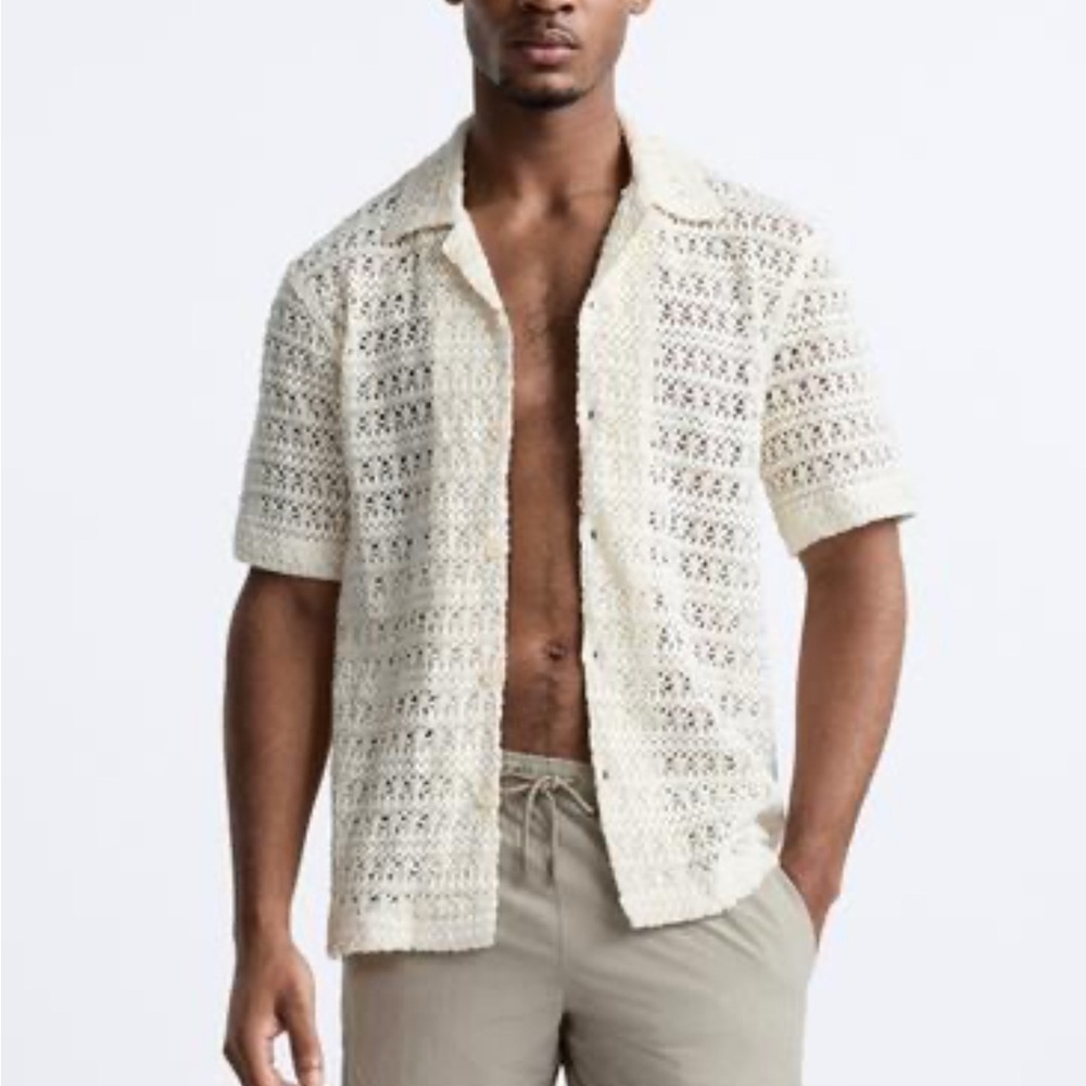 Zara rare Men's Beige Crochet Button Down Shirt size M